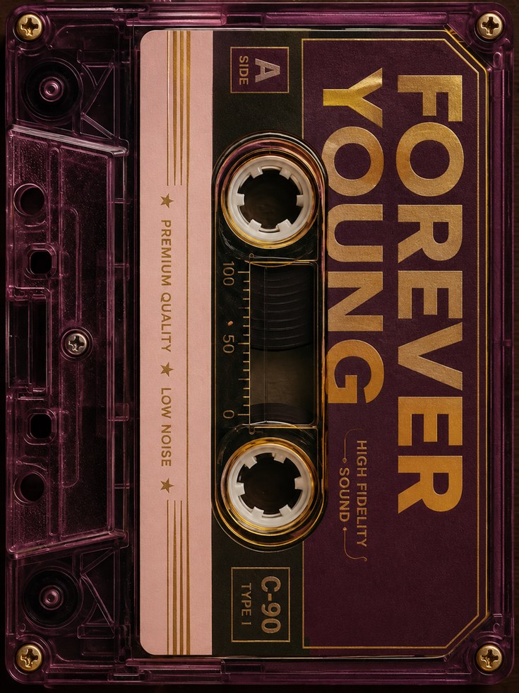 Vintage Cassette Tape Print: Retro 80s Music Art in Burgundy & Gold - artwork on paper