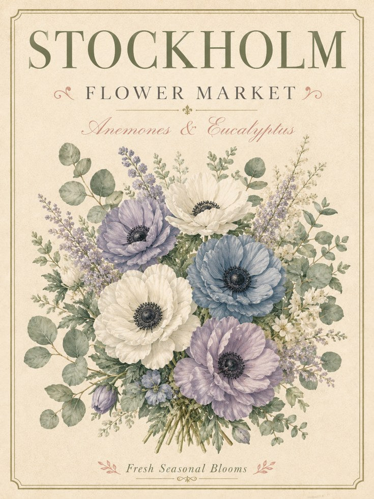 Stockholm Flower Market Print — Vintage Botanical Anemone & Eucalyptus - artwork on paper