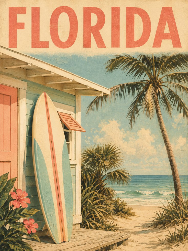 Florida Travel Poster – Vintage Beach Wall Art - artwork on paper
