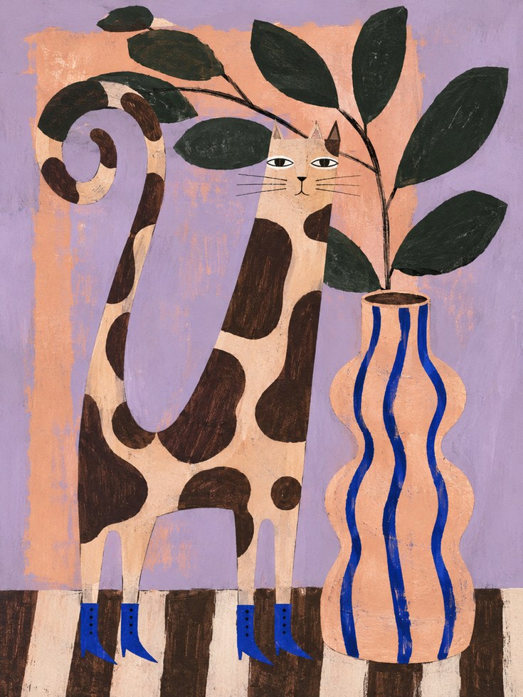 Spotted Cat with Plant Vase: Folk Art Style Wall Art - artwork on paper