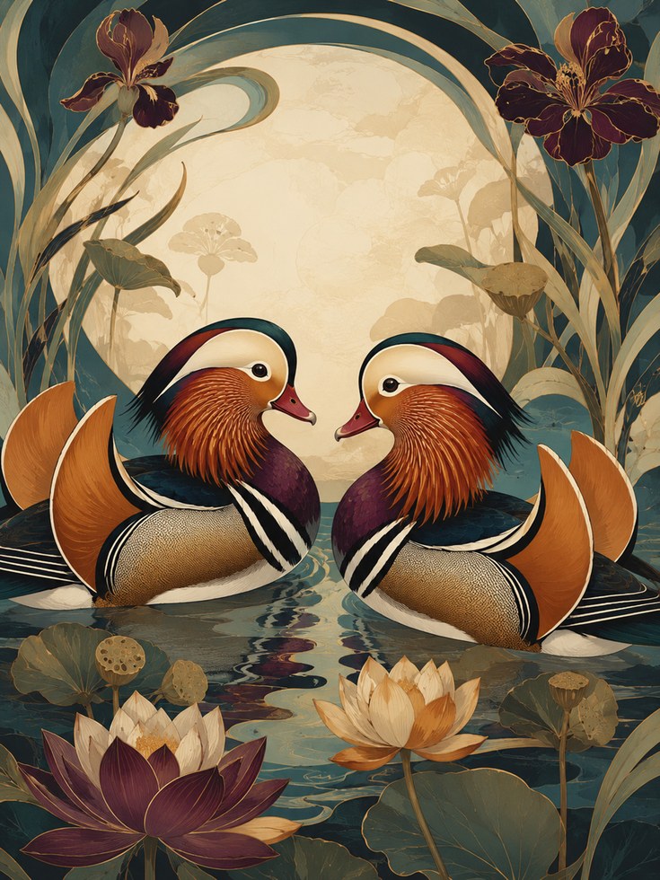 Mandarin Duck Wall Art – Art Nouveau Bird Print - artwork on paper