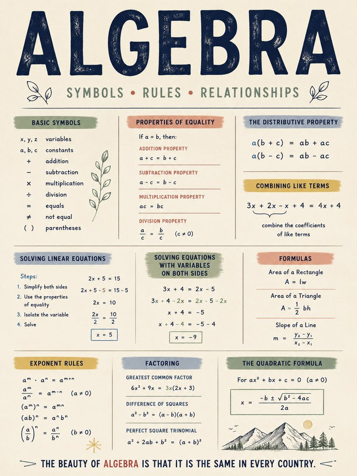 Algebra Poster – Math Reference Chart - artwork on paper
