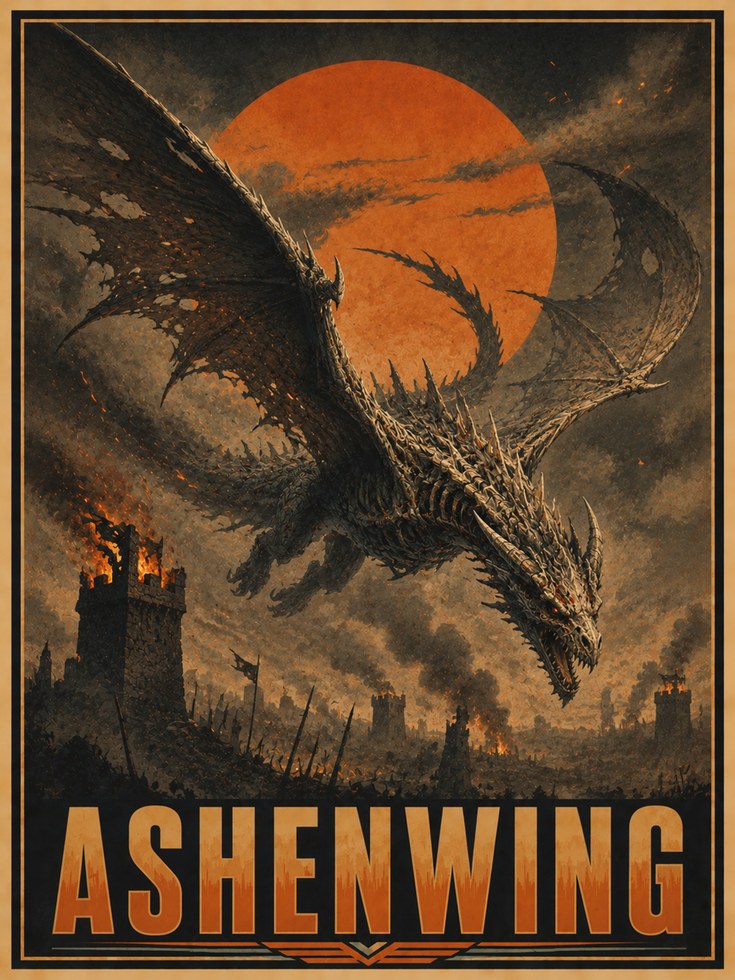 Dragon Silhouette Wall Art: Vintage Fantasy Poster with Orange Sun - artwork on paper