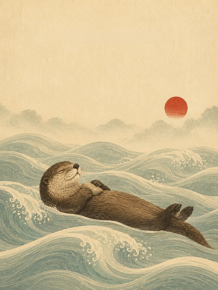 Sea Otter Japanese Wave Art Print - artwork on paper