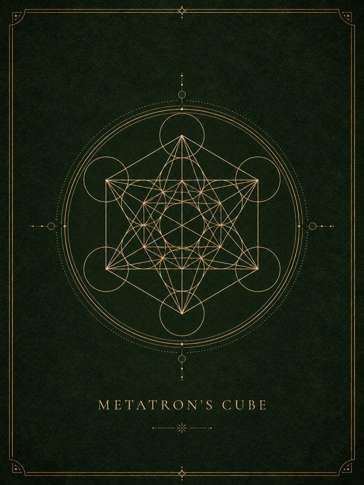 Metatron's Cube Print: Gold & Green Sacred Geometry Art - artwork on paper