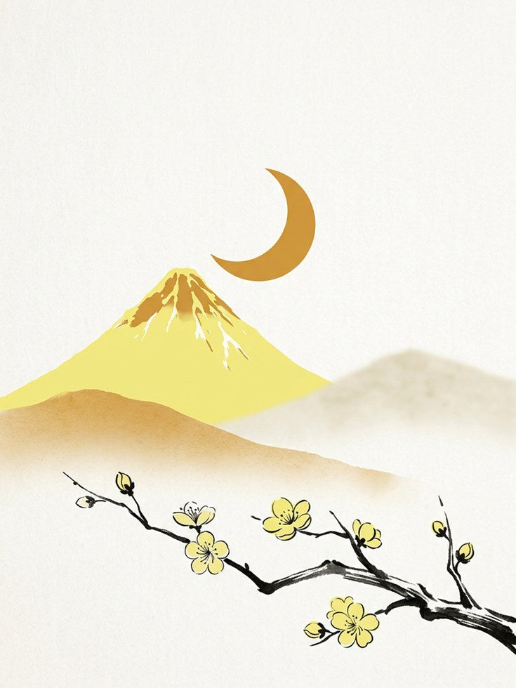 Japanese Mountain Moon Art Print: Minimalist Yellow Landscape - artwork on paper