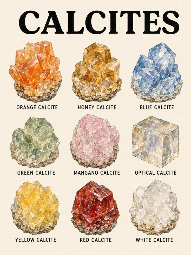 Calcite Mineral Chart Print — Watercolor Crystal Illustration - artwork on paper