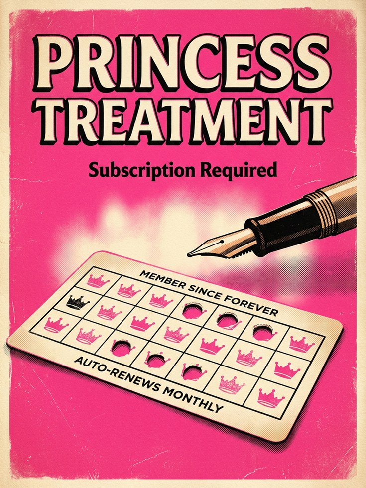 Princess Treatment Retro Wall Art: Pink Satirical Pop Art Poster - artwork on paper
