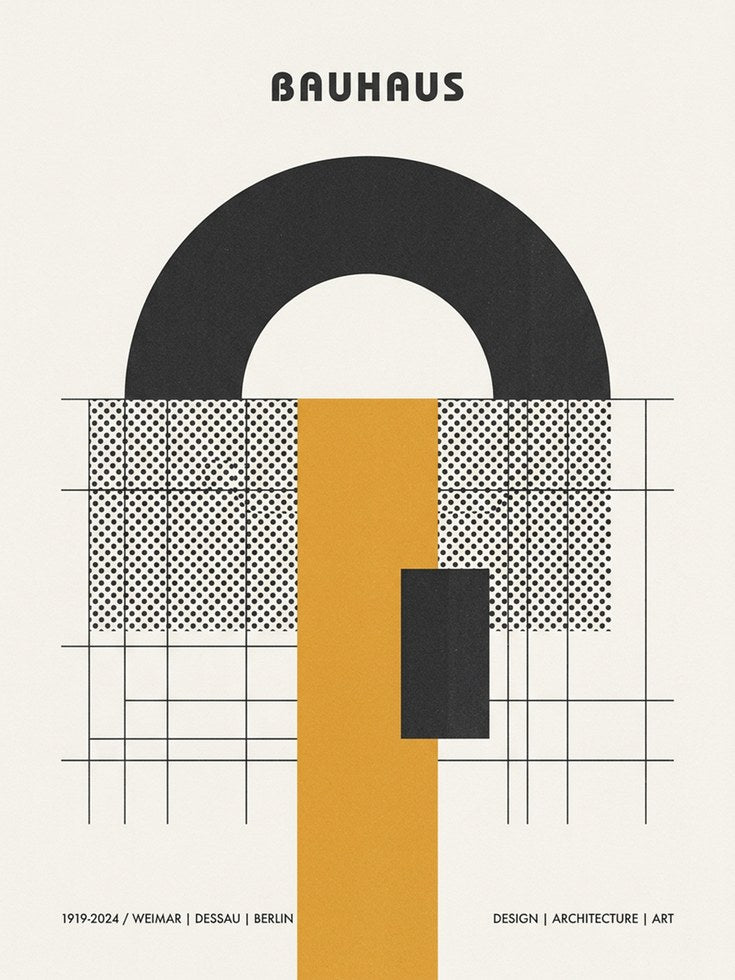 Bauhaus Geometric Poster: Black Arch and Yellow Grid Design - artwork on paper