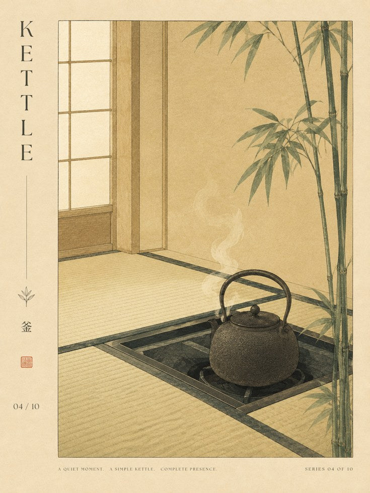 Japanese Tea Room with Bamboo Art Print: Zen Minimalist Design - artwork on paper
