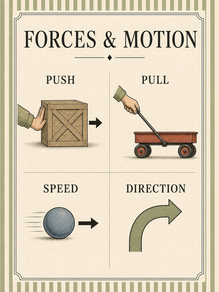 Forces and Motion Educational Poster: Vintage Science Art Print - artwork on paper