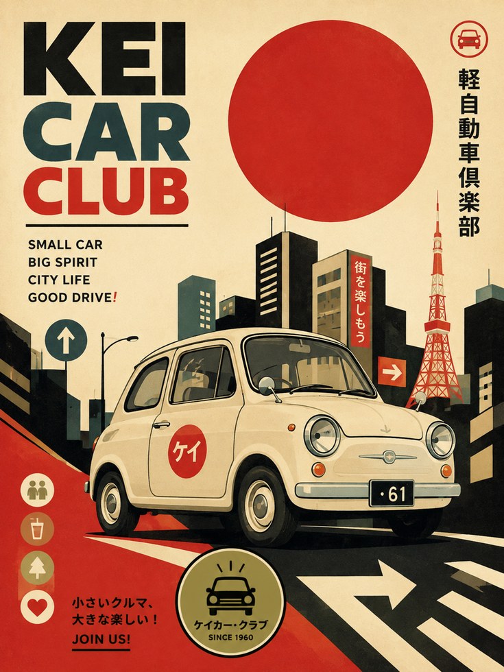 Vintage Car Poster – Japanese City Print - artwork on paper