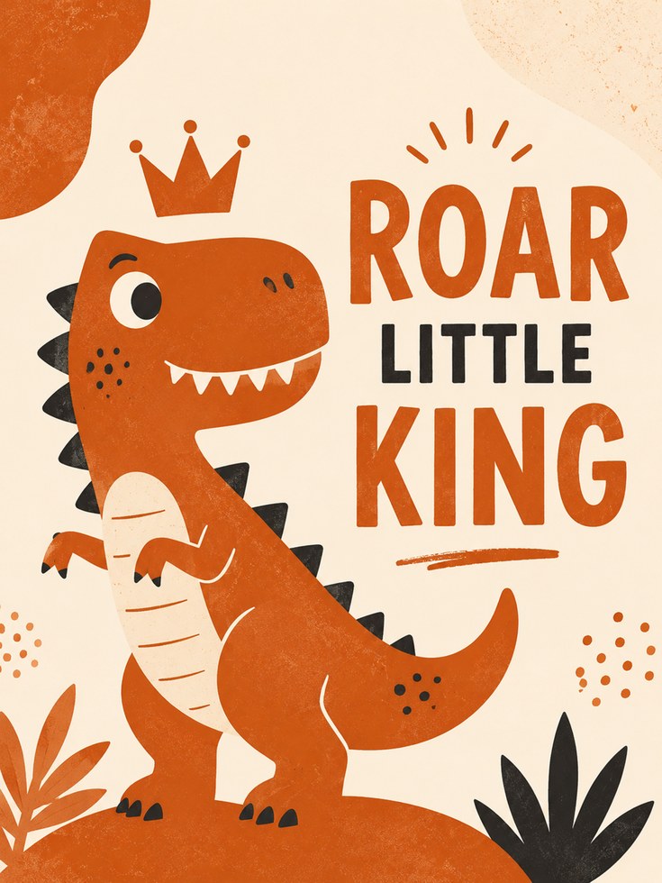 Roar Little King Dinosaur Poster: Retro Orange Nursery Art Print - artwork on paper