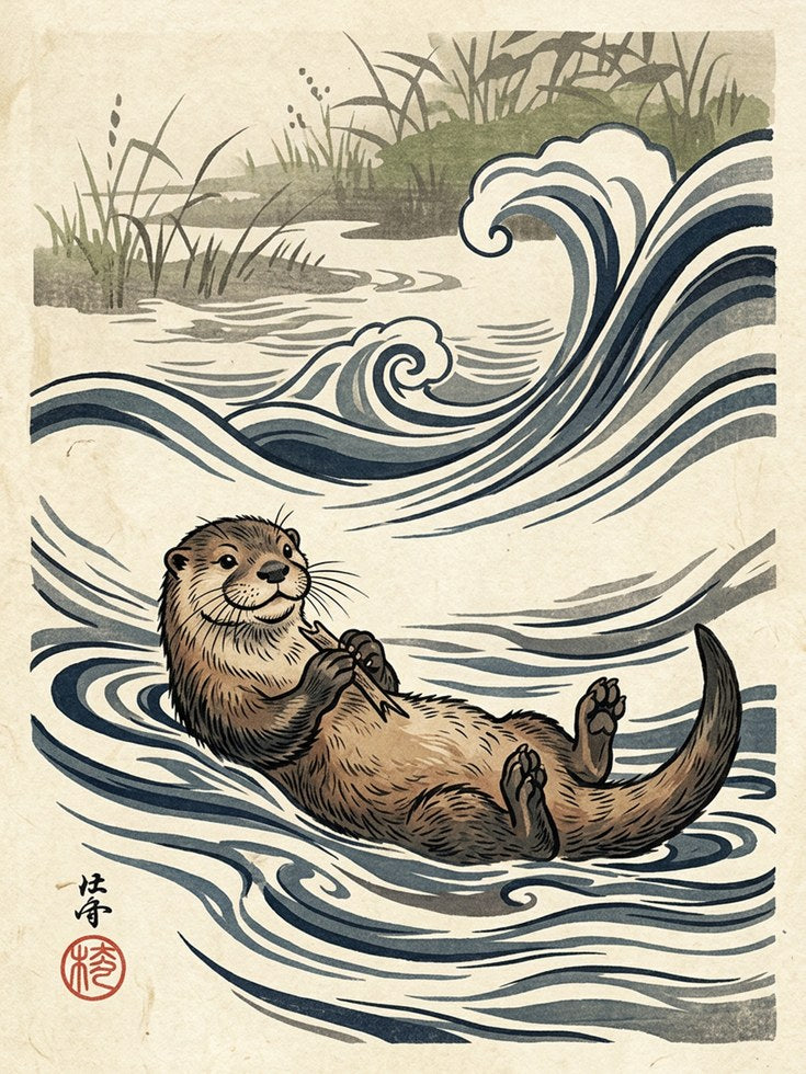 Otter in Waves Art Print: Japanese Woodblock Style Wildlife - artwork on paper