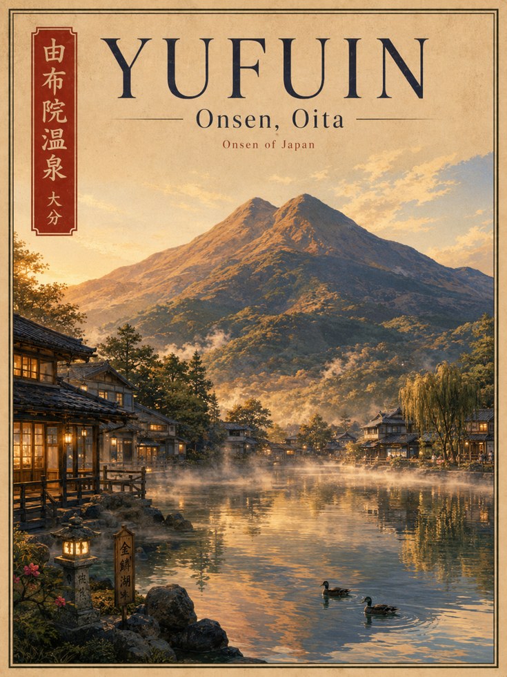 Yufuin Onsen Hot Springs Art Print: Japanese Mountain Village Poster - artwork on paper
