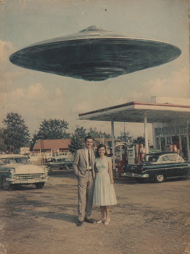 Vintage UFO Scene Wall Art: Retro 1950s Gas Station Sci-Fi Print - artwork on paper