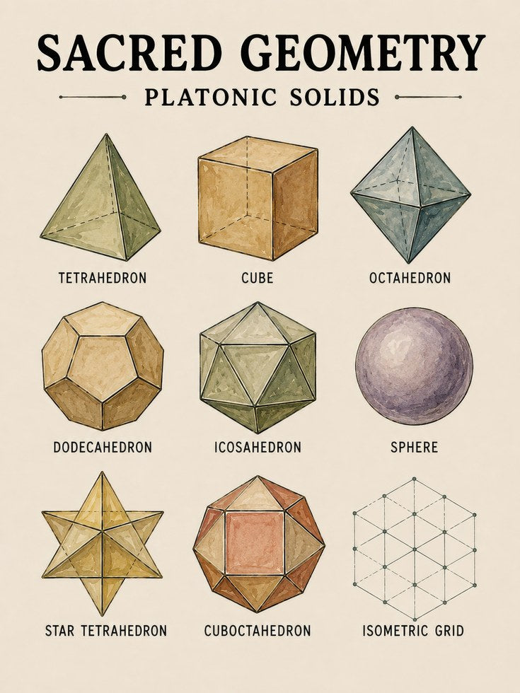 Sacred Geometry Print — Platonic Solids Chart - artwork on paper
