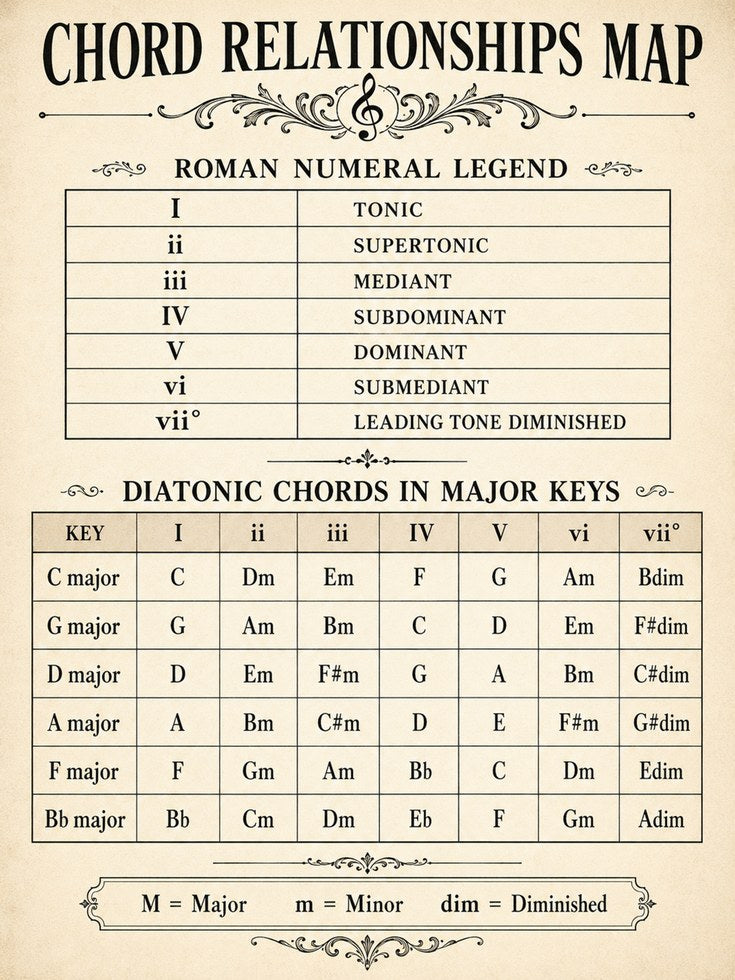 Chord Relationships Map: Vintage Music Theory Chart Print - artwork on paper