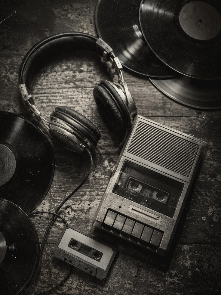 Vintage Audio Equipment Print — Retro Cassette & Vinyl Photography - artwork on paper