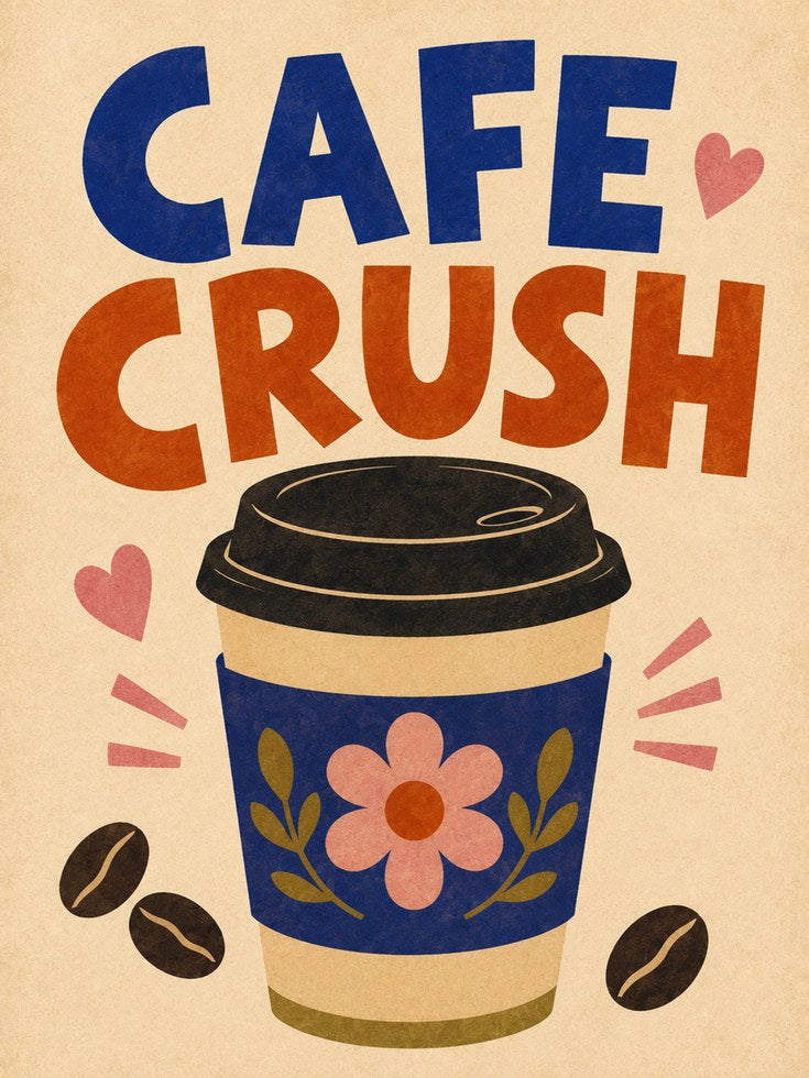 Cafe Crush Coffee Cup Print: Retro Typography Wall Art - artwork on paper