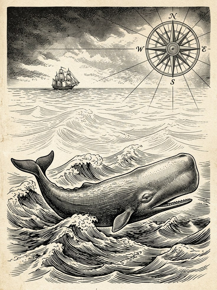 Vintage Whale Engraving Print: Nautical Compass & Sailing Ship - artwork on paper