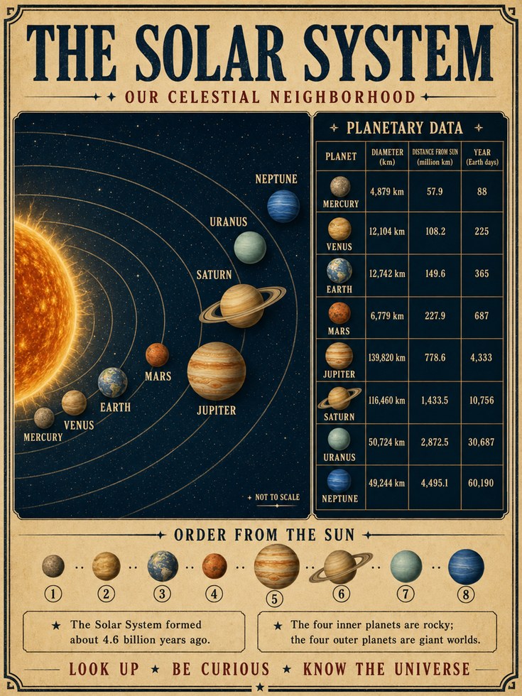 Solar System Diagram Print: Vintage Educational Astronomy Poster - artwork on paper