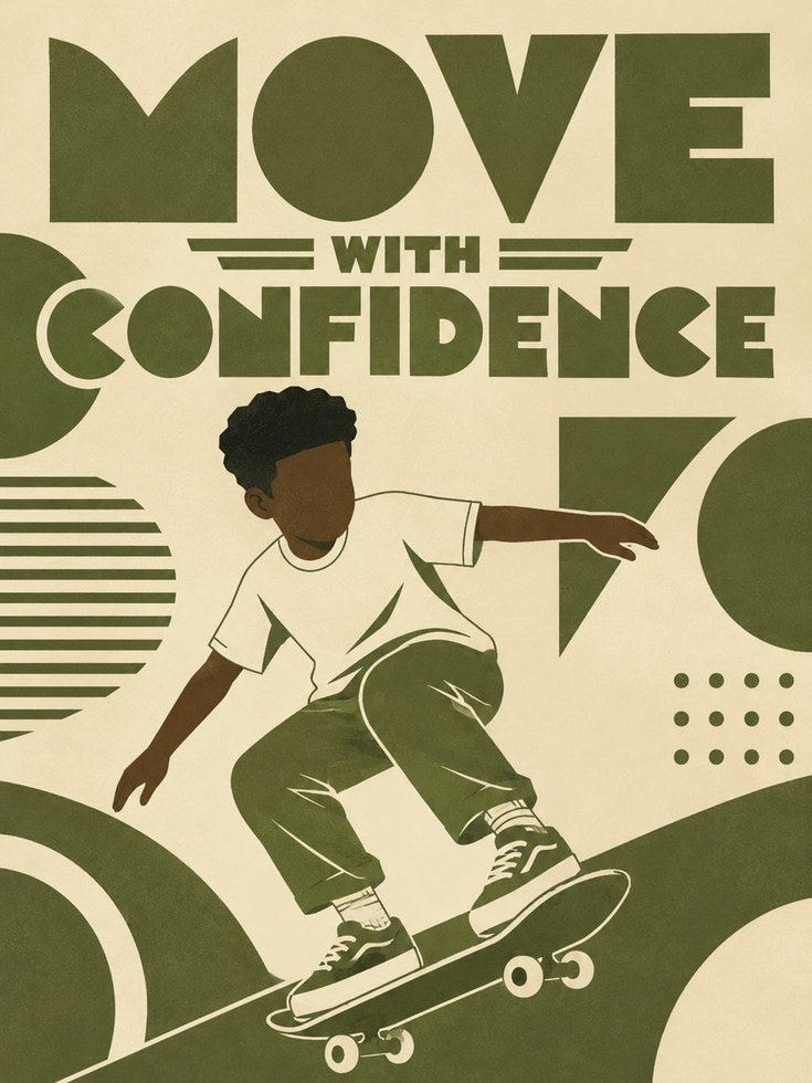 Move With Confidence Poster: Retro Skateboarder Art Deco Design - artwork on paper