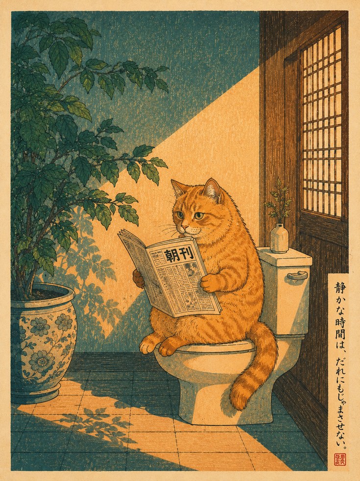 Japanese Cat Reading Newspaper Print - artwork on paper