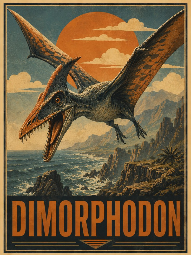 Dimorphodon Pterosaur Art Print: Vintage Dinosaur Poster Design - artwork on paper
