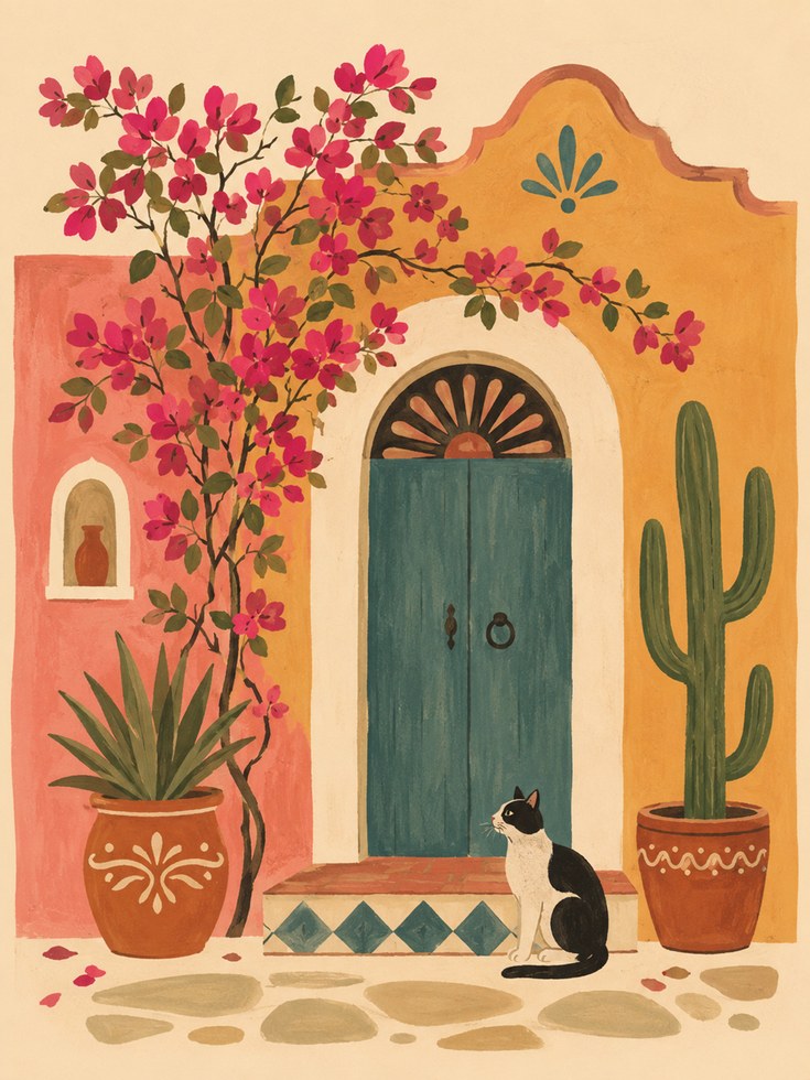 Mexican Hacienda Wall Art – Cat Doorway Print - artwork on paper