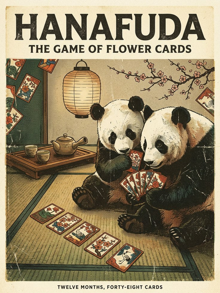 Hanafuda Pandas Print: Vintage Japanese Card Game Poster - artwork on paper