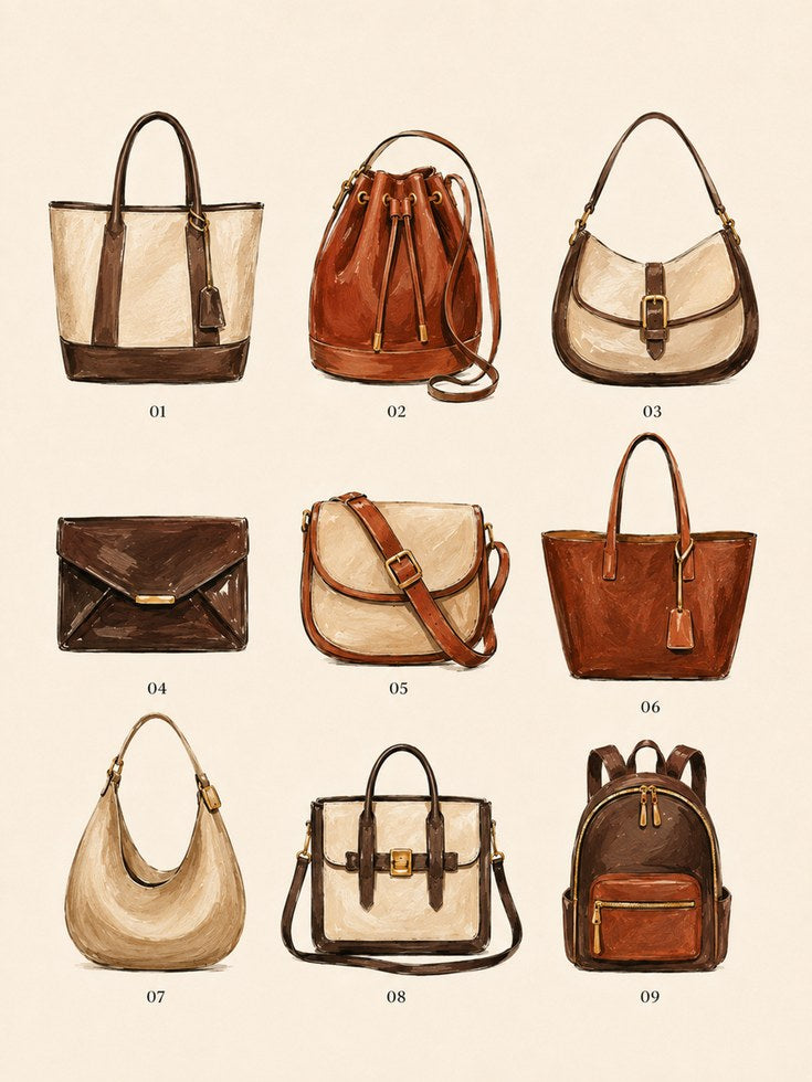 Leather Handbag Collection Art Print: Vintage Fashion Illustration - artwork on paper