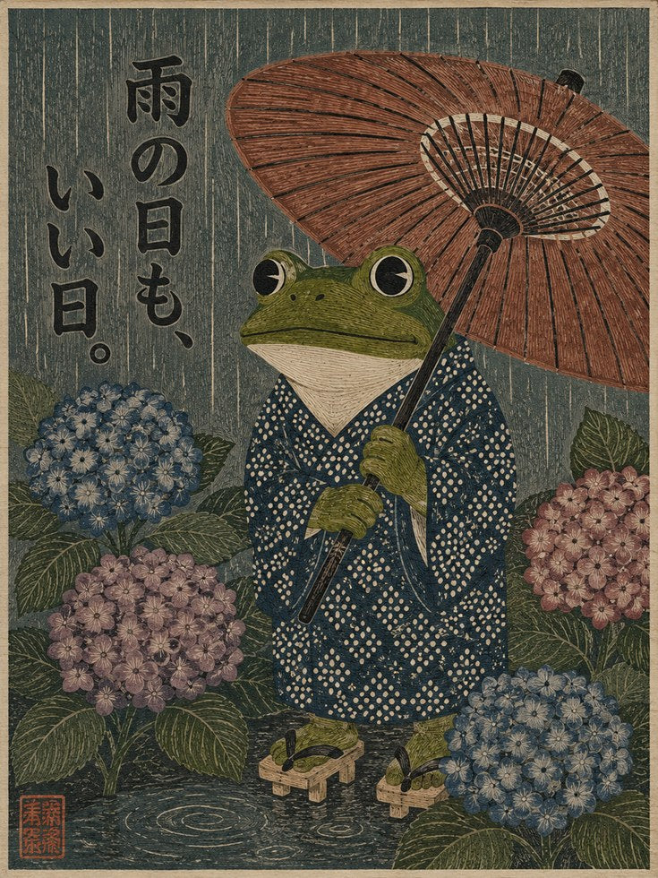Japanese Frog Wall Art – Hydrangea Rain Print - artwork on paper