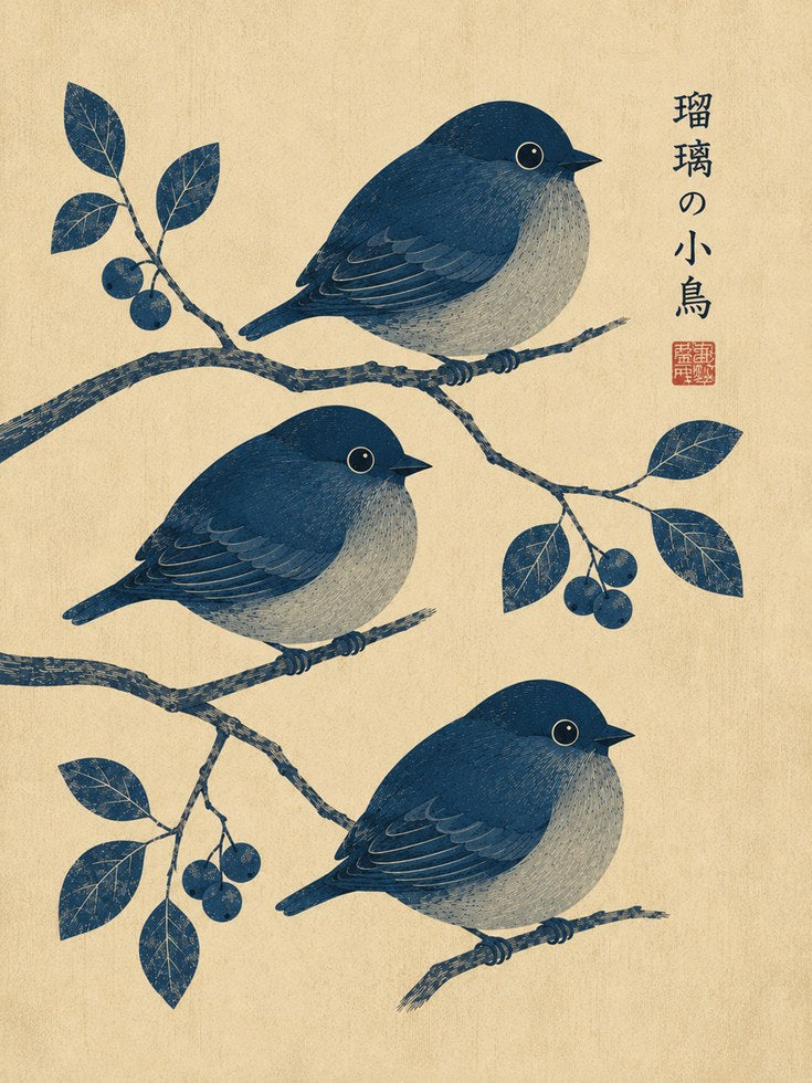 Japanese Bird Print — Three Blue Songbirds on Branch - artwork on paper