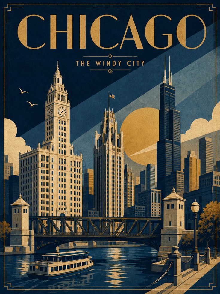 Chicago Travel Poster – Vintage Art Deco Wall Art - artwork on paper