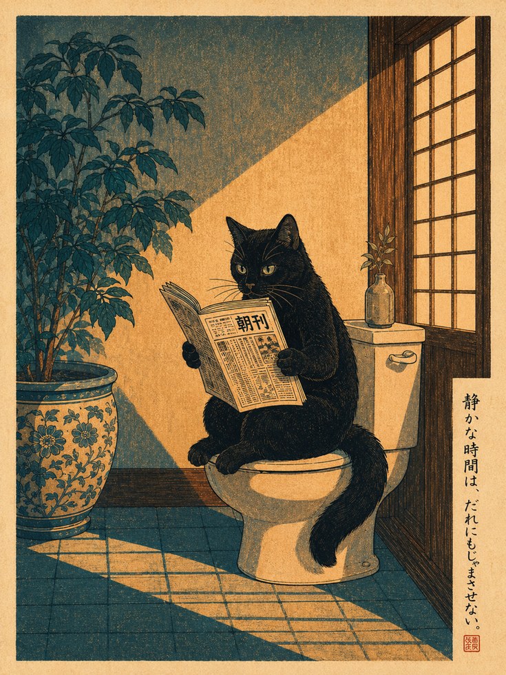 Japanese Cat Reading Newspaper Print - artwork on paper