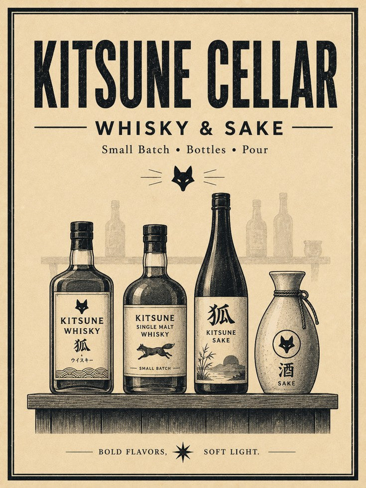 Kitsune Cellar Whisky & Sake Poster: Vintage Japanese Bar Art - artwork on paper
