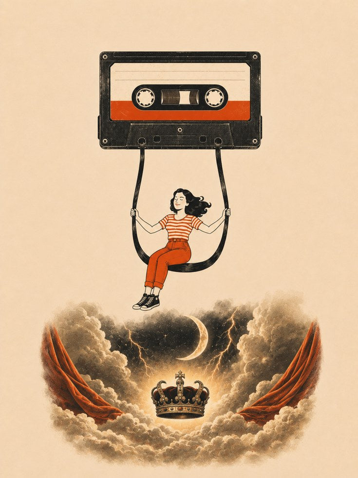 Retro Cassette Tape Swing Art Print: Surreal Music Nostalgia - artwork on paper