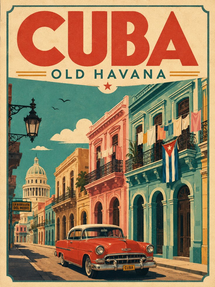 Cuba Travel Poster – Old Havana Wall Art - artwork on paper