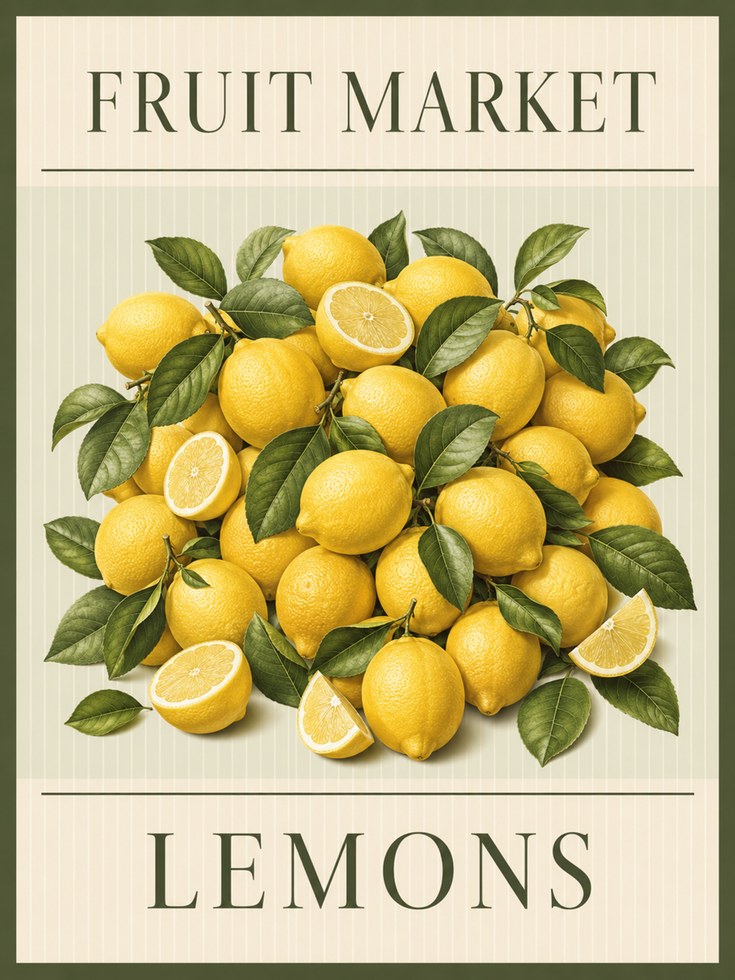 Lemon Kitchen Wall Art – Fruit Market Poster - artwork on paper