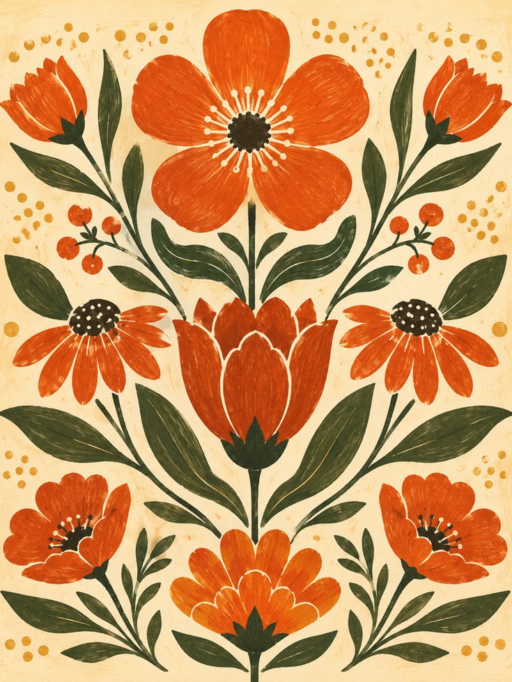 Folk Art Floral Print – Retro Botanical Wall Art - artwork on paper