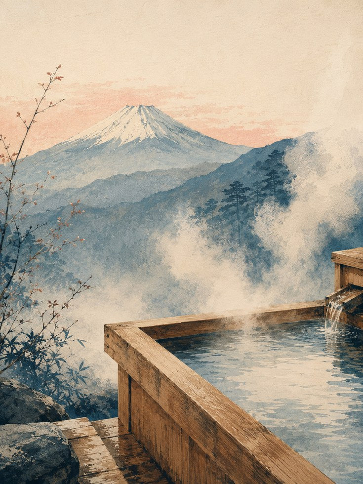 Japanese Hot Spring Print – Mount Fuji Wall Art - artwork on paper