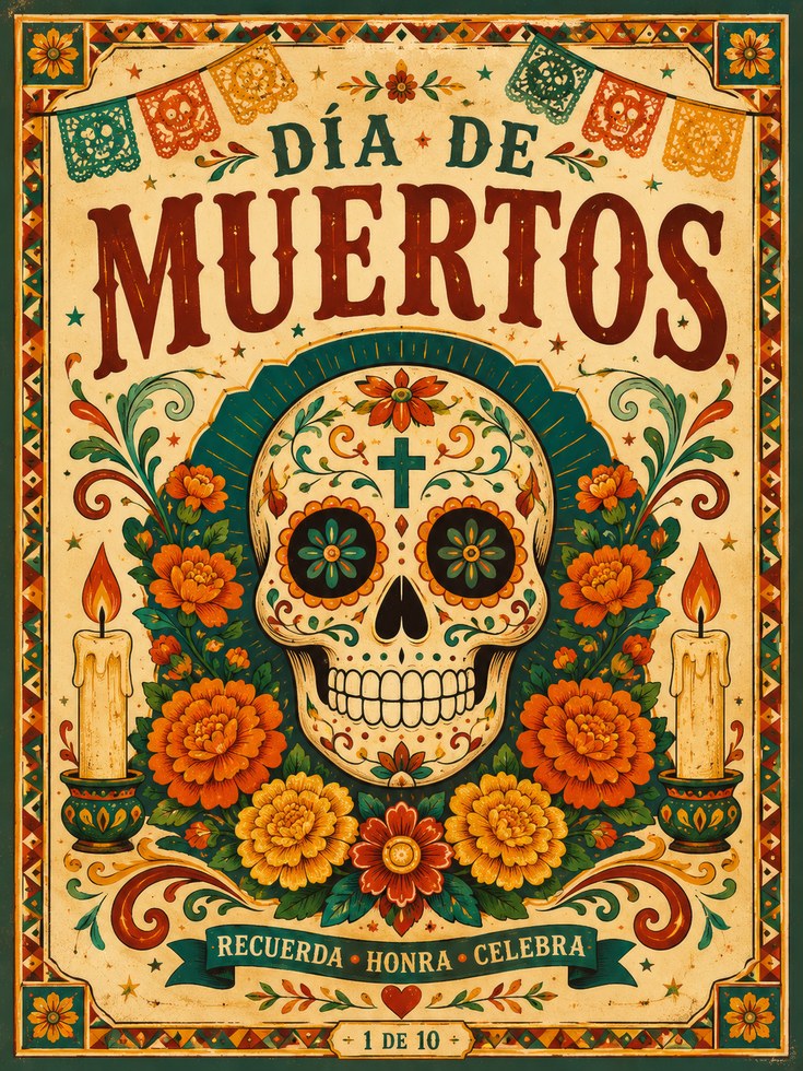 Día de Muertos Art Print: Sugar Skull with Marigolds - artwork on paper