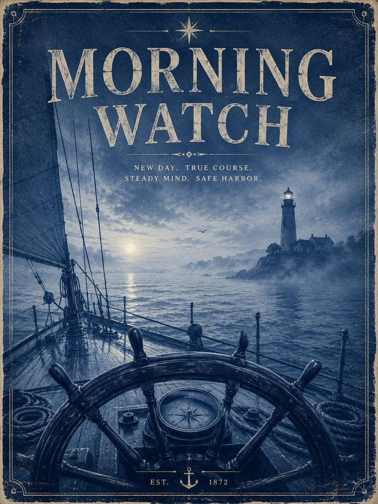 Morning Watch Nautical Poster: Vintage Blue Ship Lighthouse Art - artwork on paper