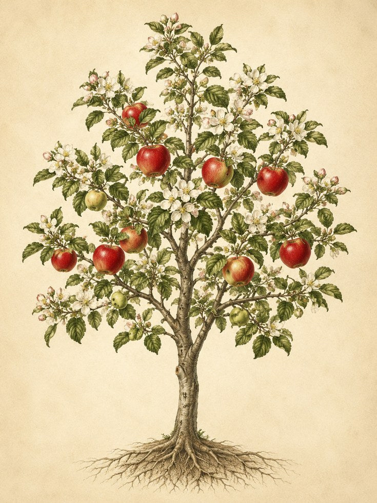 Apple Tree Botanical Print: Vintage Orchard Art With Blossoms - artwork on paper