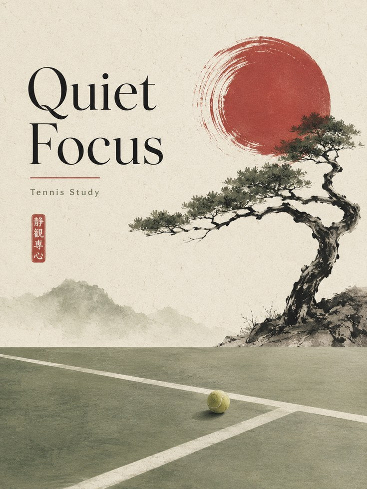 Zen Tennis Court Art Print: Japanese Ink Landscape Red Sun - artwork on paper