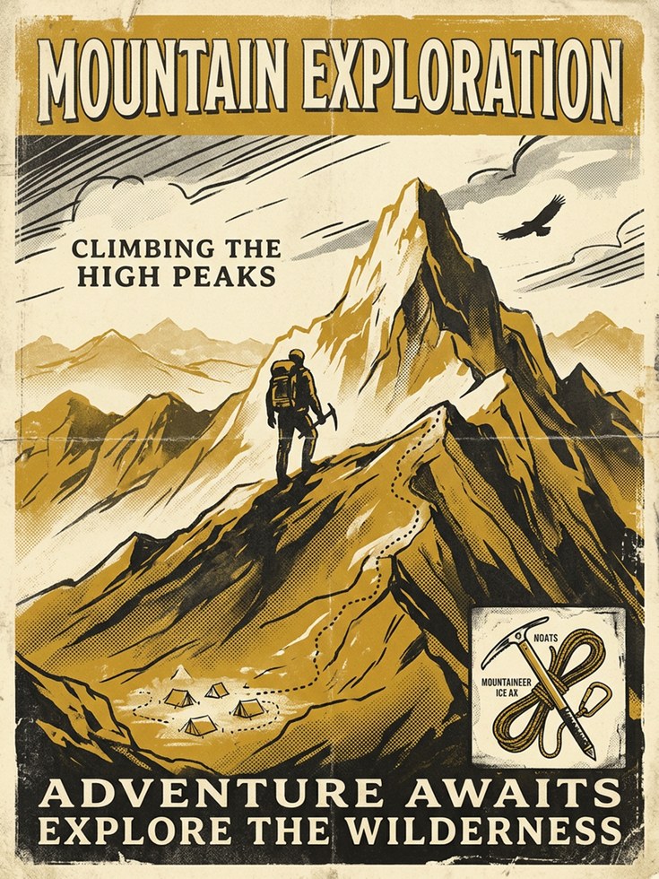 Mountain Exploration Poster: Vintage Climbing Adventure Art Print - artwork on paper