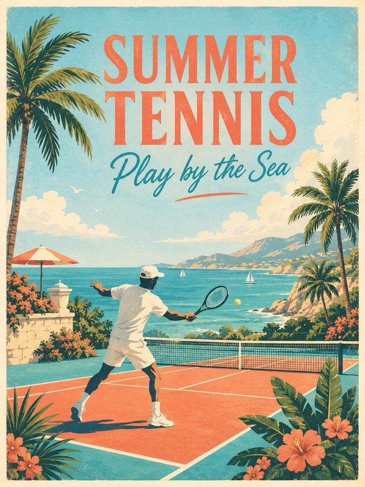 Summer Tennis Poster: Vintage Coastal Sports Wall Art - artwork on paper