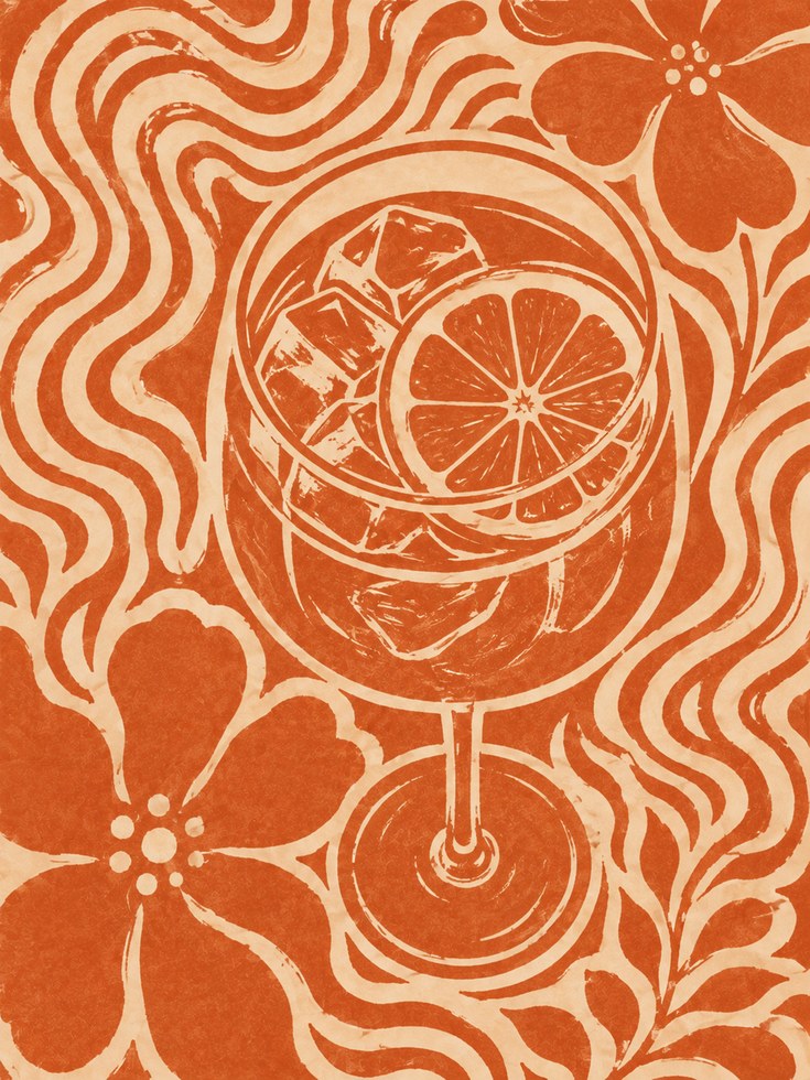 Retro Orange Cocktail Glass Print: Art Nouveau Floral Design - artwork on paper