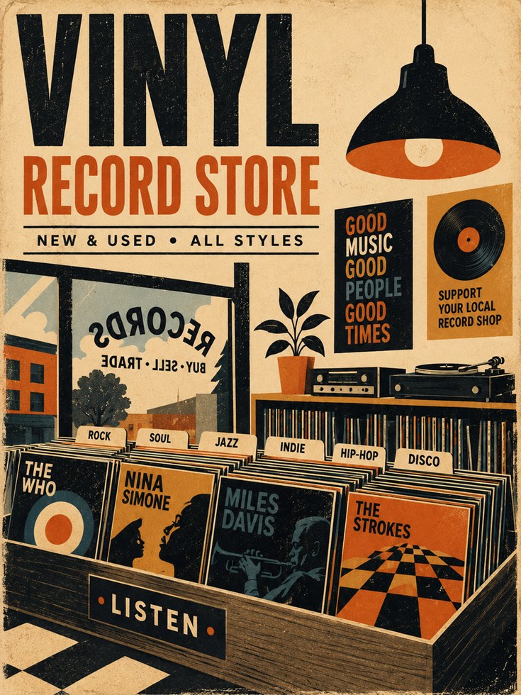 Vinyl Record Store Poster – Retro Music Print - artwork on paper